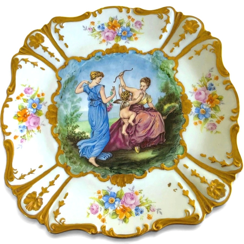 Antique Hand Painted Porcelain Plate Gold Gilt Scalloped Edge Cherub Scene